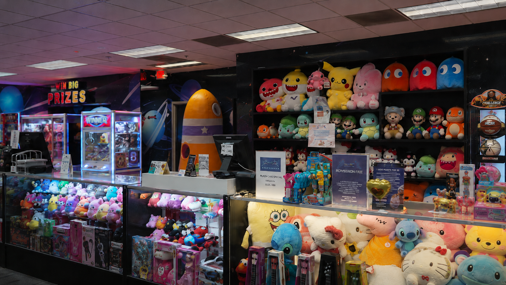 Win Big Prizes counter with plush toys at Star Park Cherry Hill