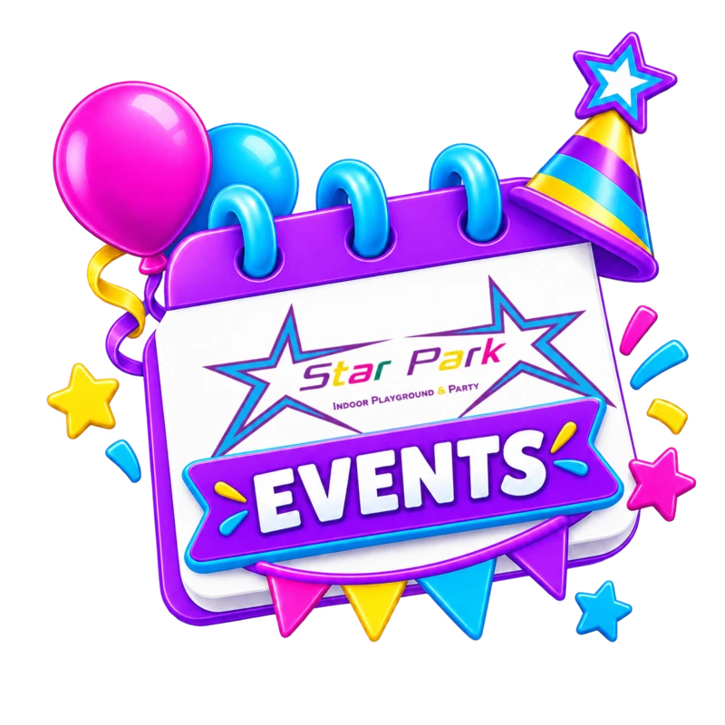 Star Park events calendar graphic with balloons and party hat