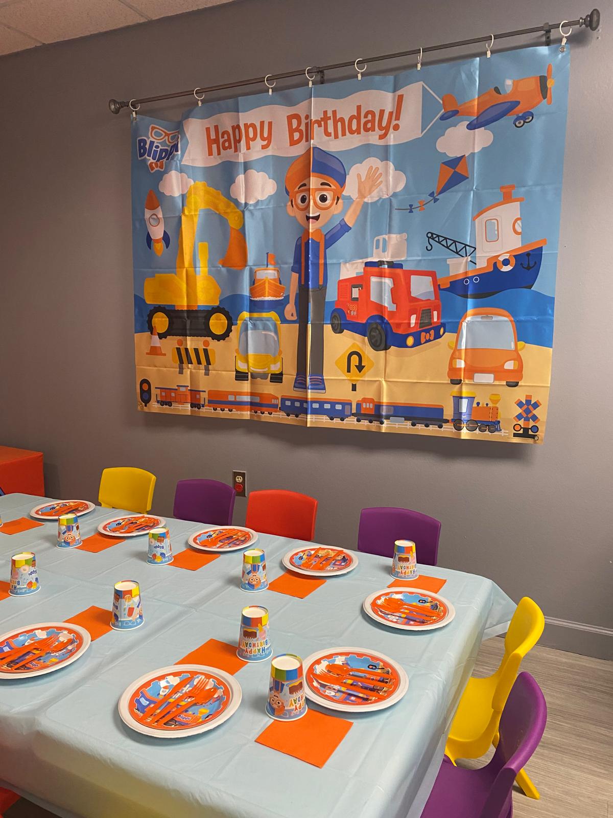 Blippi birthday party setup