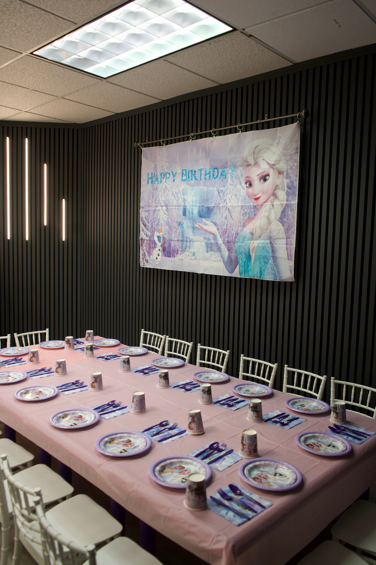 Frozen Elsa Happy Birthday backdrop over the party table at Star Park Cherry Hill