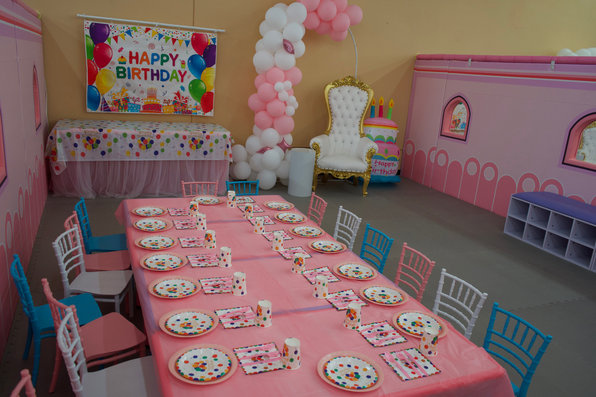 Pink princess-style birthday party setup at Star Park Allentown