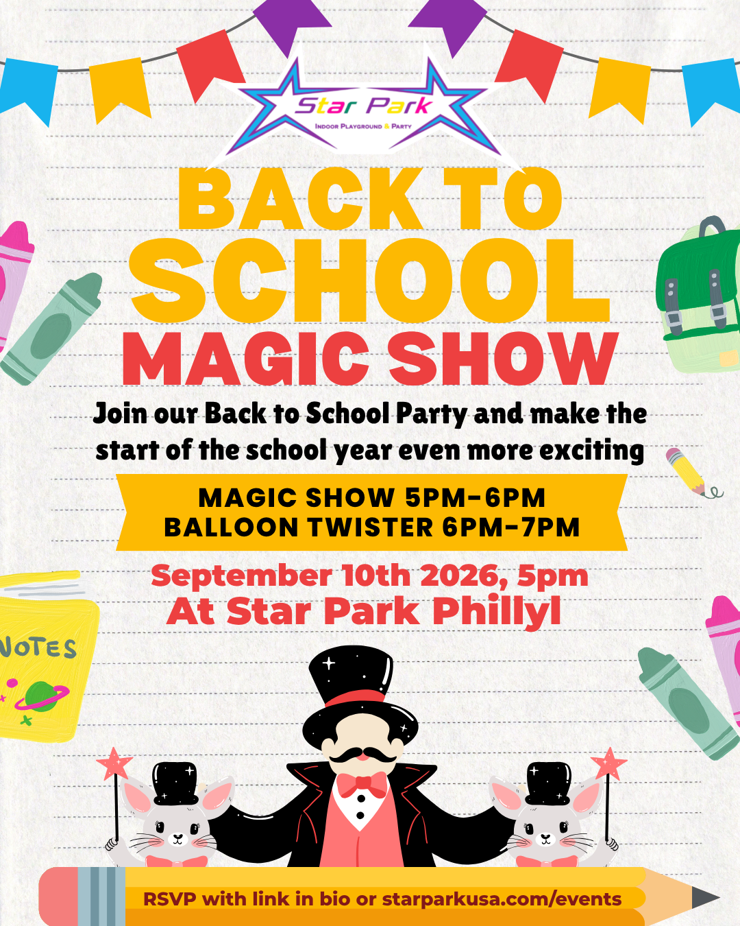 Back to School Magic Show flyer for Star Park Philadelphia on September 10, 2026