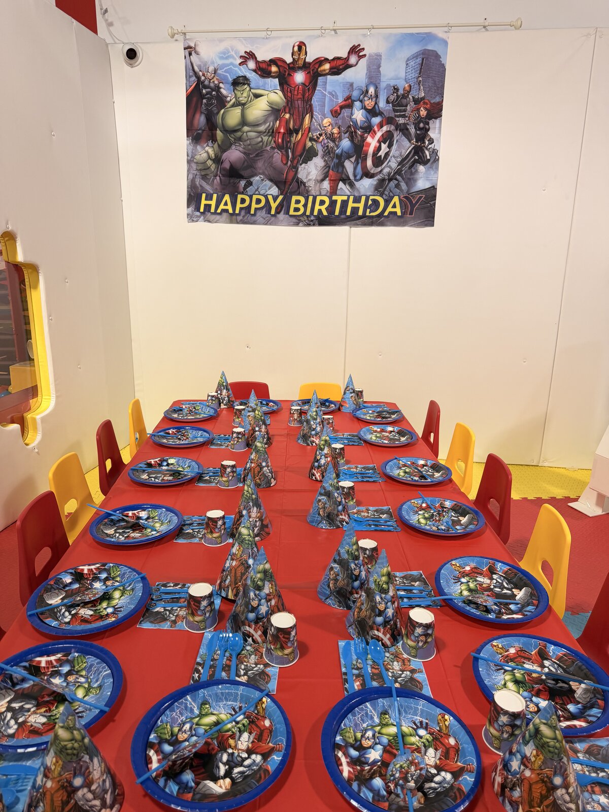 Avengers birthday party setup