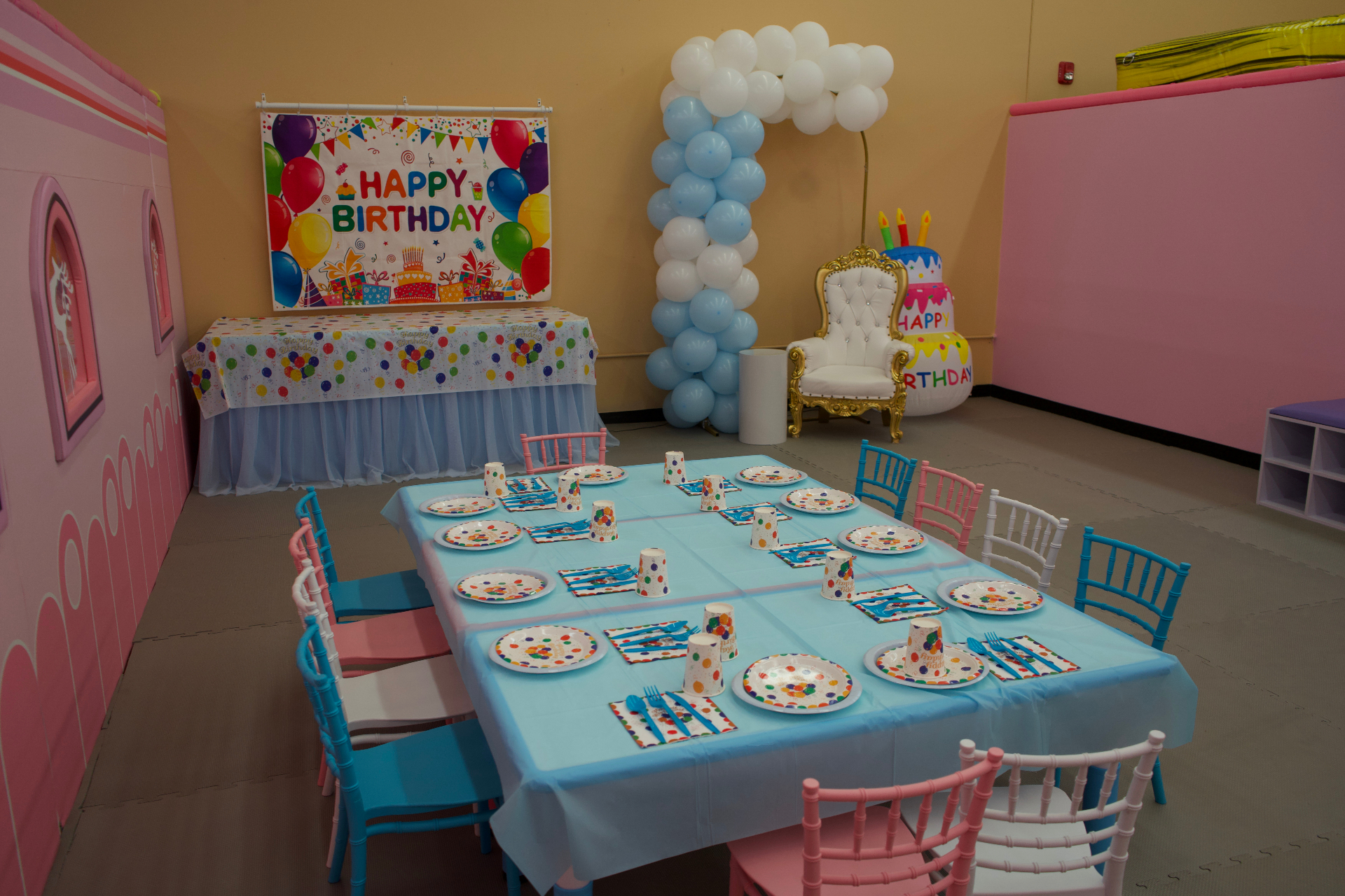 Classic Happy Birthday party setup with balloon arch at Star Park Allentown